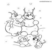 Раскраски с драконами - лепит снеговика с мышкой