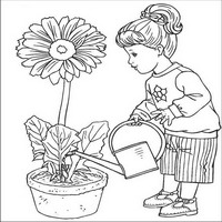 Раскраски с Барби (Barbi) и ее друзьями - малышка Барби  поливает цветок