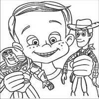 Раскраски с героями из мультфильма История игрушек (Toy Story) - Базз Лайтер и Вуди в руках Энди Дэвиса
