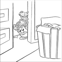 Раскраски с героями из мультфильма История игрушек (Toy Story) - мистер Картофельная Голова, Базз Лайтер и Рекс выглядывают