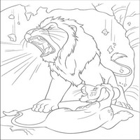 Раскраски с героями из мультфильма Большое путешествие (The Wild) - рев льва в пещере