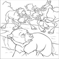Раскраски с героями из мультфильма Братец медвежонок (Brother Bear) - медведь и лоси