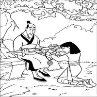 Раскраски с героями из мультфильма Мулан (Mulan) - Мулан отдает отцу реликвии