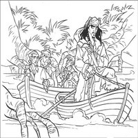 Раскраски с героями из фильма Пираты Карибского моря (Pirates of the Caribbean) - Джек с командой подплывают к острову