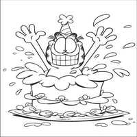 Раскраски с героями по мотивам фильма Гарфилд (Garfield) - Гарфилд выпрыгивает из торта