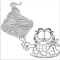 Раскраски с героями по мотивам фильма Гарфилд (Garfield) - Гарфилд ест спагетти