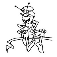 Раскраски с героями по мотивам приключений Пчелки Майи (Die Biene Maja und ihre Abenteuer) - кузнечик сидит на прутике