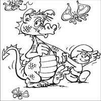 Раскраски с героями по мотивам историй про Смурфиков (The Smurfs) - смурфик с драконом
