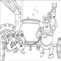 Раскраски с героями из мультфильмов Шрек (Shrek) - шрек, Осёл и Кот убегают с завода