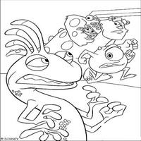 Раскраски с героями из мультфильма Корпорация монстров (Monsters) - Салли, Майк и Бу убегают от Рэндалла