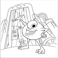 Раскраски с героями из мультфильма Корпорация монстров (Monsters) - Майк у двери Бу
