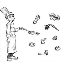 Раскраски с героями из мультфильма Рататуй (Ratatouille) - Лингвини и продукты