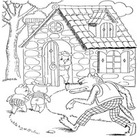 Раскраски по мотивам сказки Три поросенка -  бегут в каменный дом